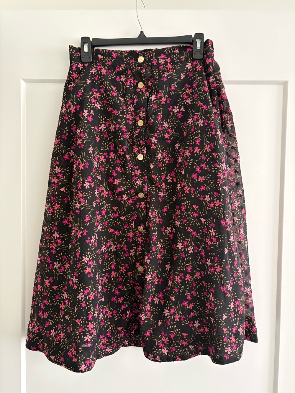 Draper James Black A-Line Midi Skirt with Pink Floral Print